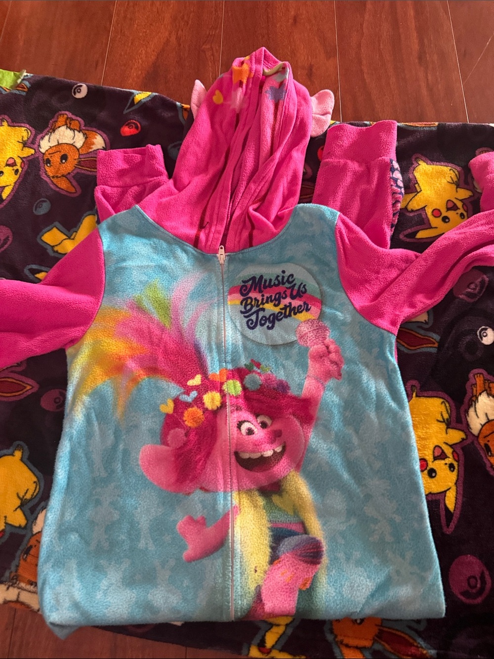 Trolls Girls' Pink & Blue Hooded Zip-Up Onesie - 'Music Brings Us Together'
